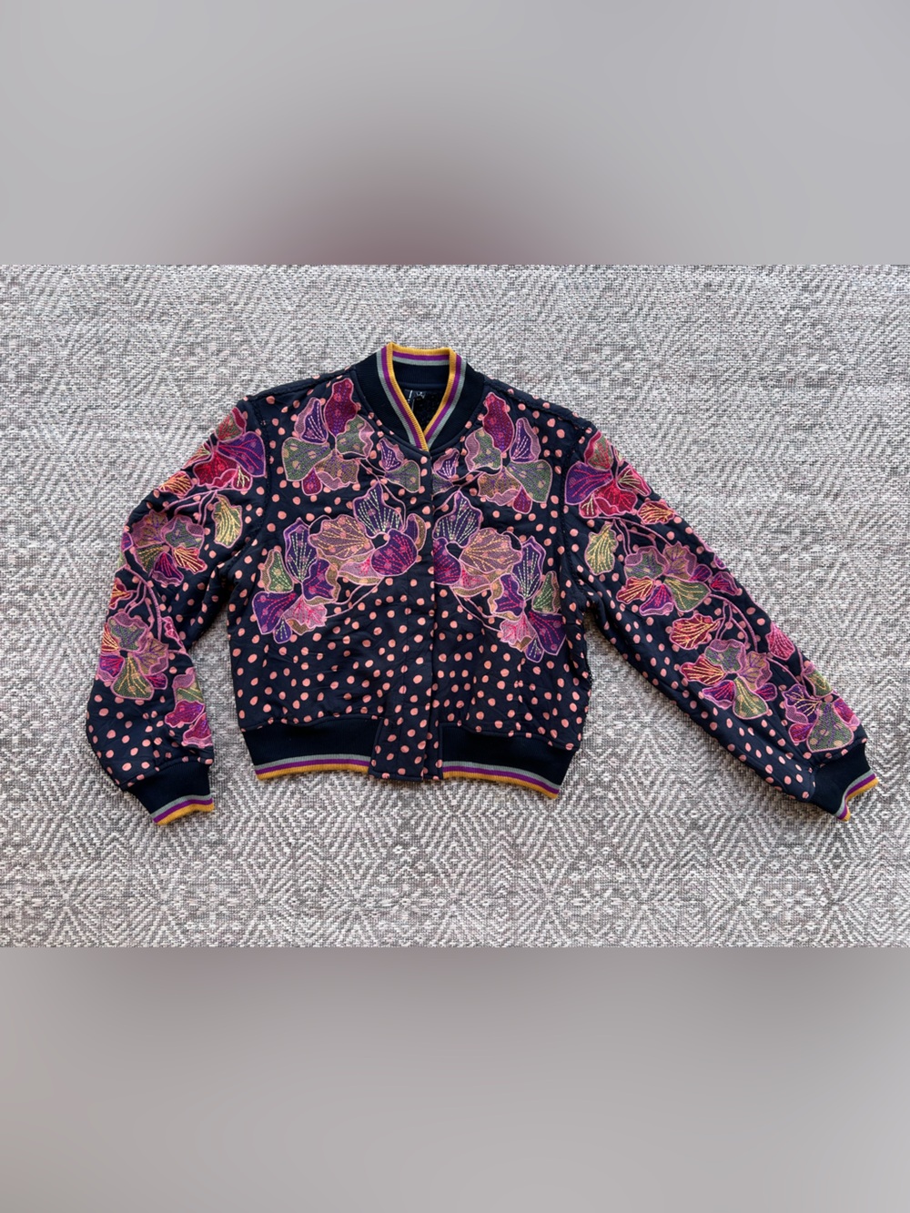 Blink London Bomber Jacket XS Floral Polka Dot Fleece Lined Black Multicolor
